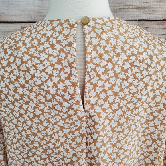 Vintage 60s 70s Tunic Tan White Leaf Print Large - Picture 8 of 11